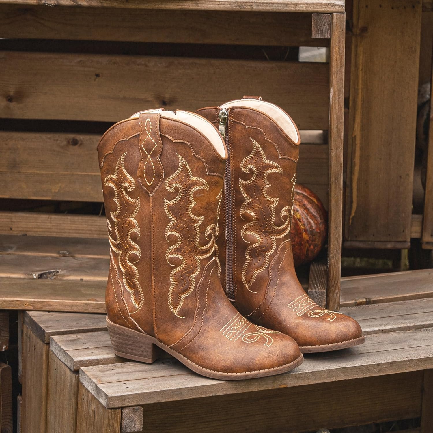 image:imageLAURMOSA Girls Cowboy Boots Cowgirl Western Boot for Kids Rhinestone Sparkly Toddler Dress Boots Ponited Toe Mid Calf Birthday Party for Little Big KidBrown