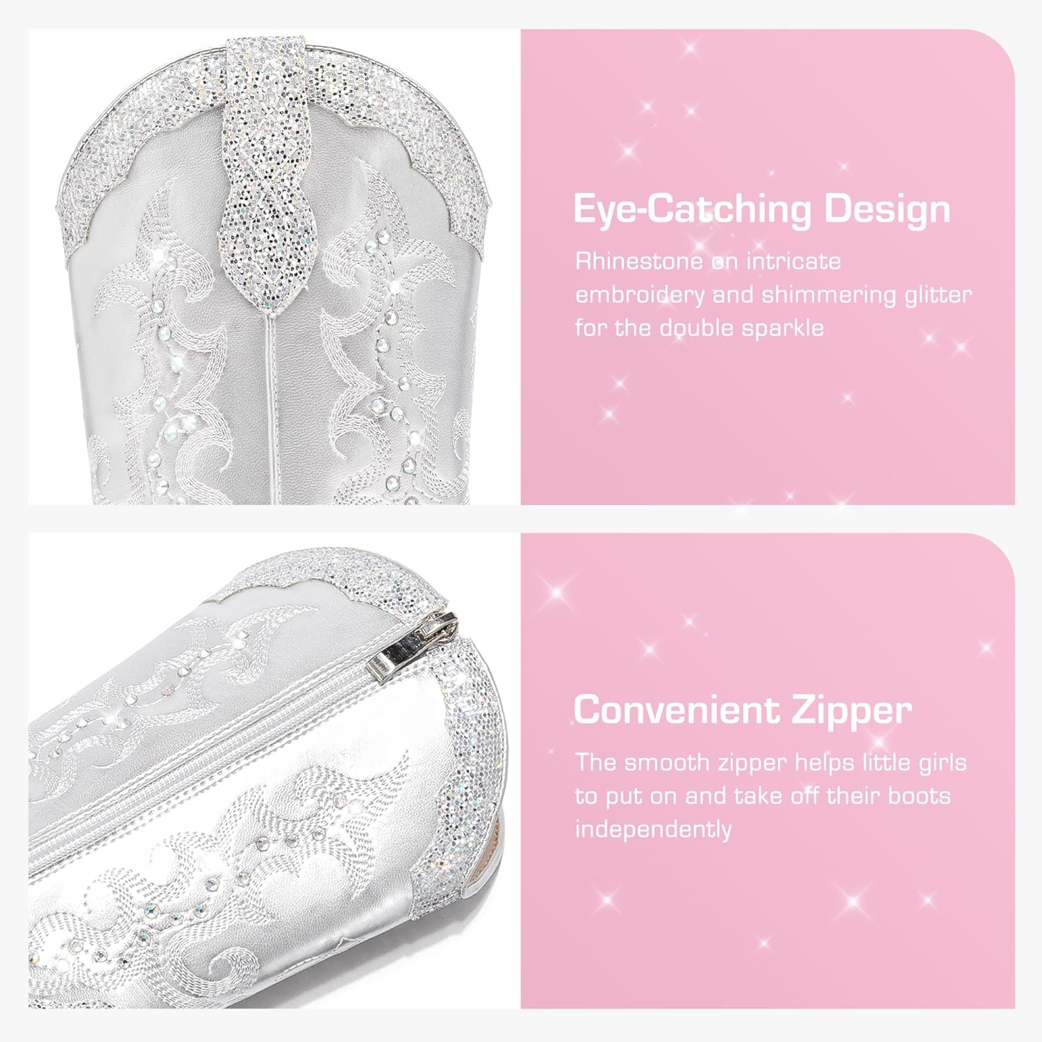 image:imageLAURMOSA Girls Cowboy Boots Cowgirl Western Boot for Kids Rhinestone Sparkly Toddler Dress Boots Ponited Toe Mid Calf Birthday Party for Little Big KidSilver