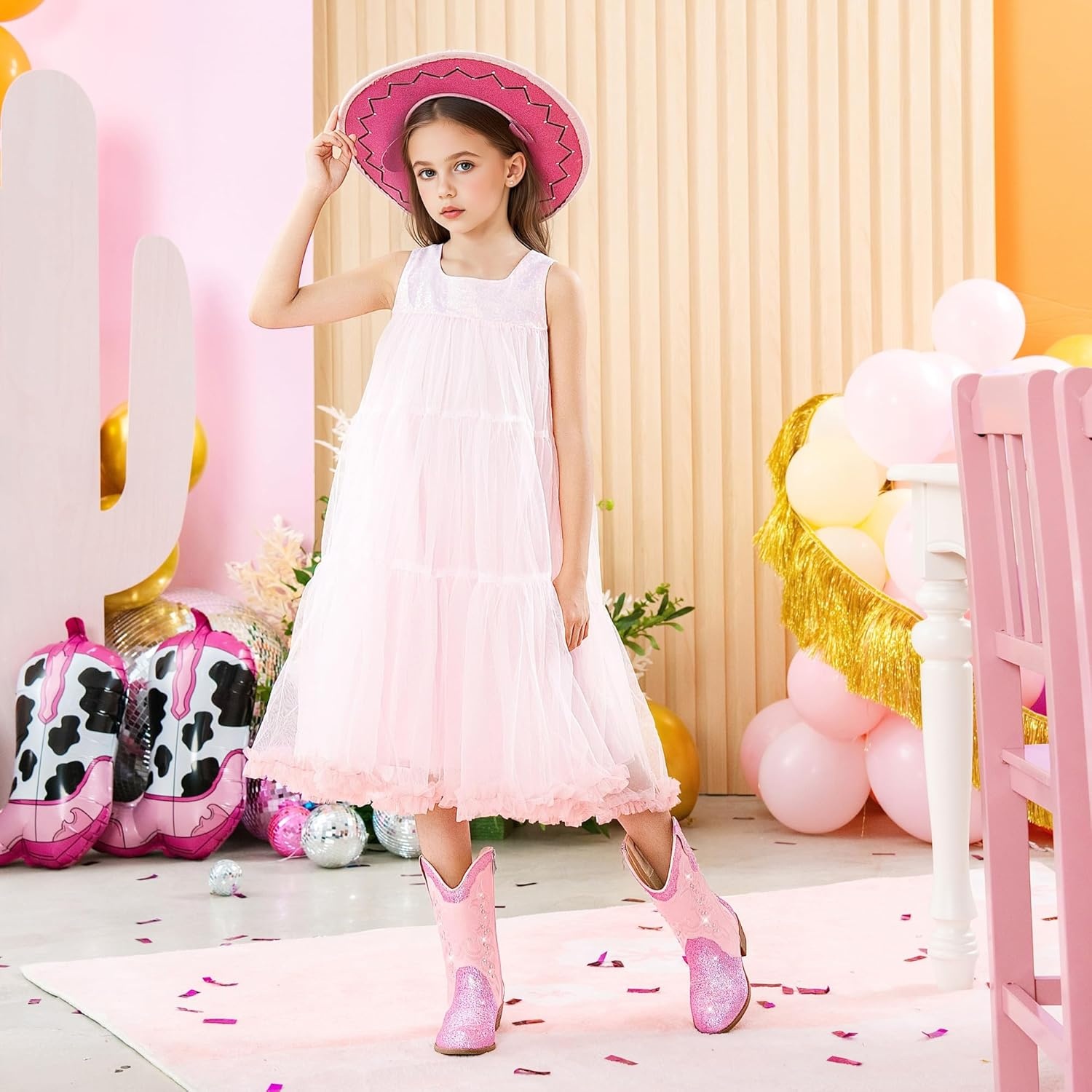 image:imageLAURMOSA Girls Cowboy Boots Cowgirl Western Boot for Kids Rhinestone Sparkly Toddler Dress Boots Ponited Toe Mid Calf Birthday Party for Little Big KidPink