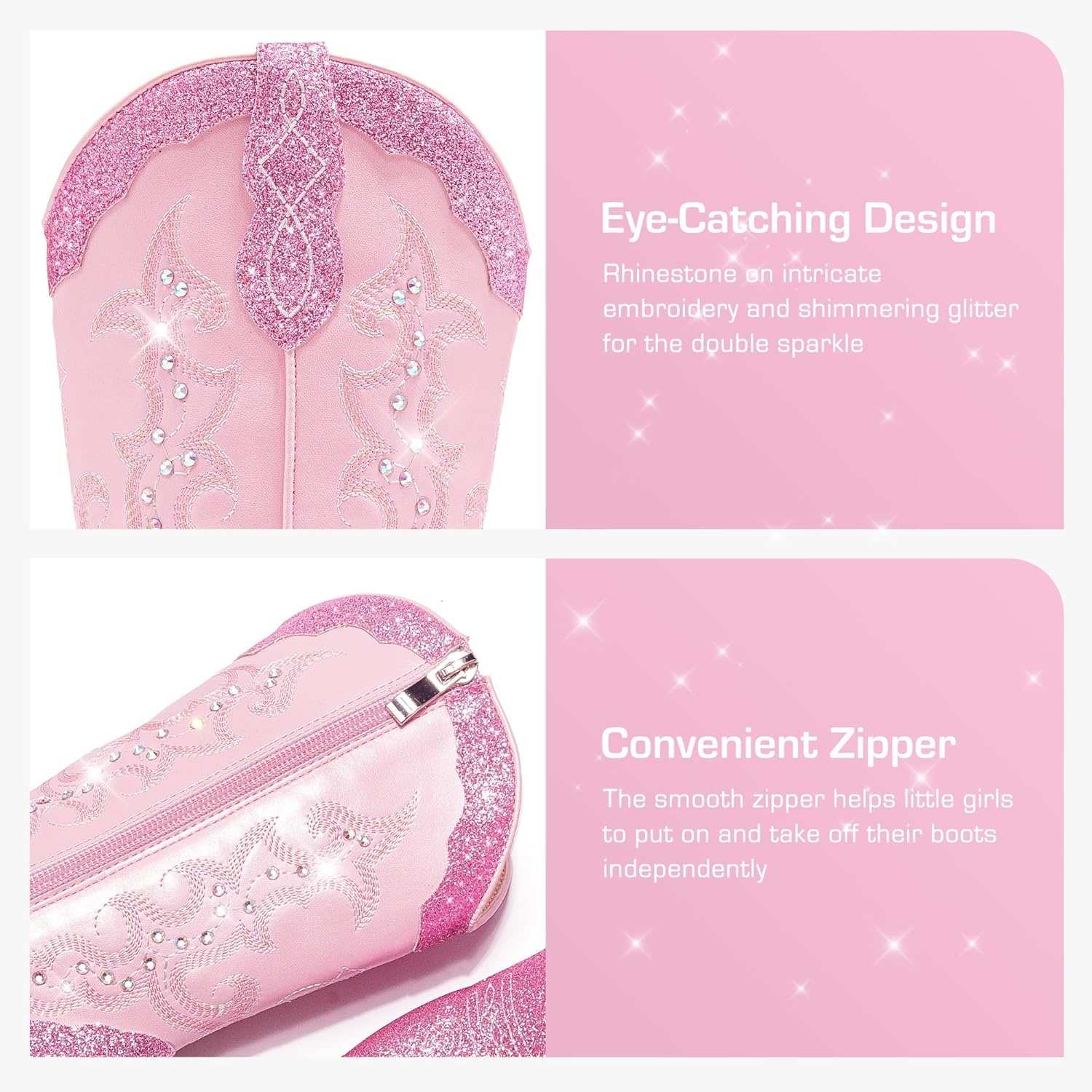 image:imageLAURMOSA Girls Cowboy Boots Cowgirl Western Boot for Kids Rhinestone Sparkly Toddler Dress Boots Ponited Toe Mid Calf Birthday Party for Little Big KidPink