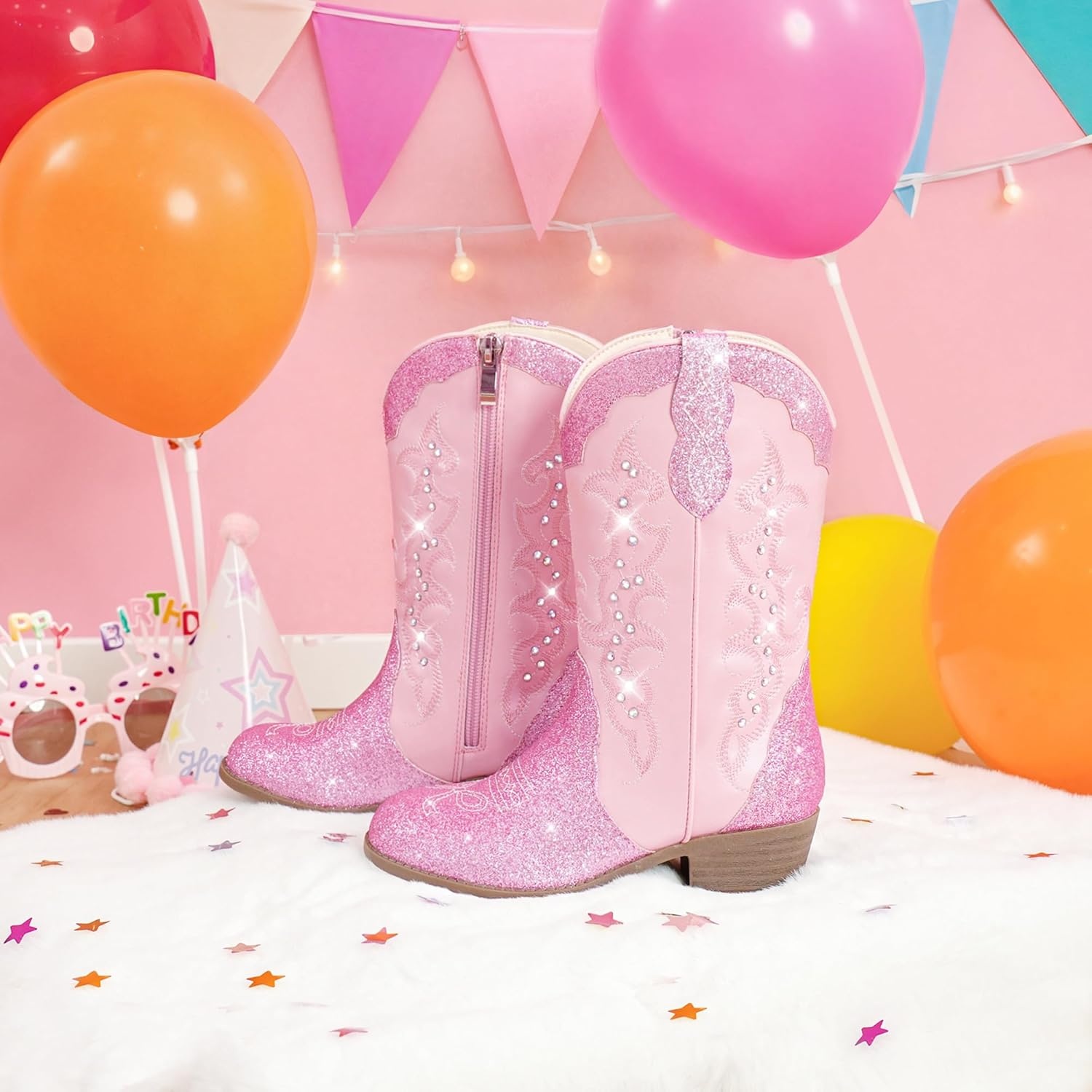 image:imageLAURMOSA Girls Cowboy Boots Cowgirl Western Boot for Kids Rhinestone Sparkly Toddler Dress Boots Ponited Toe Mid Calf Birthday Party for Little Big KidPink
