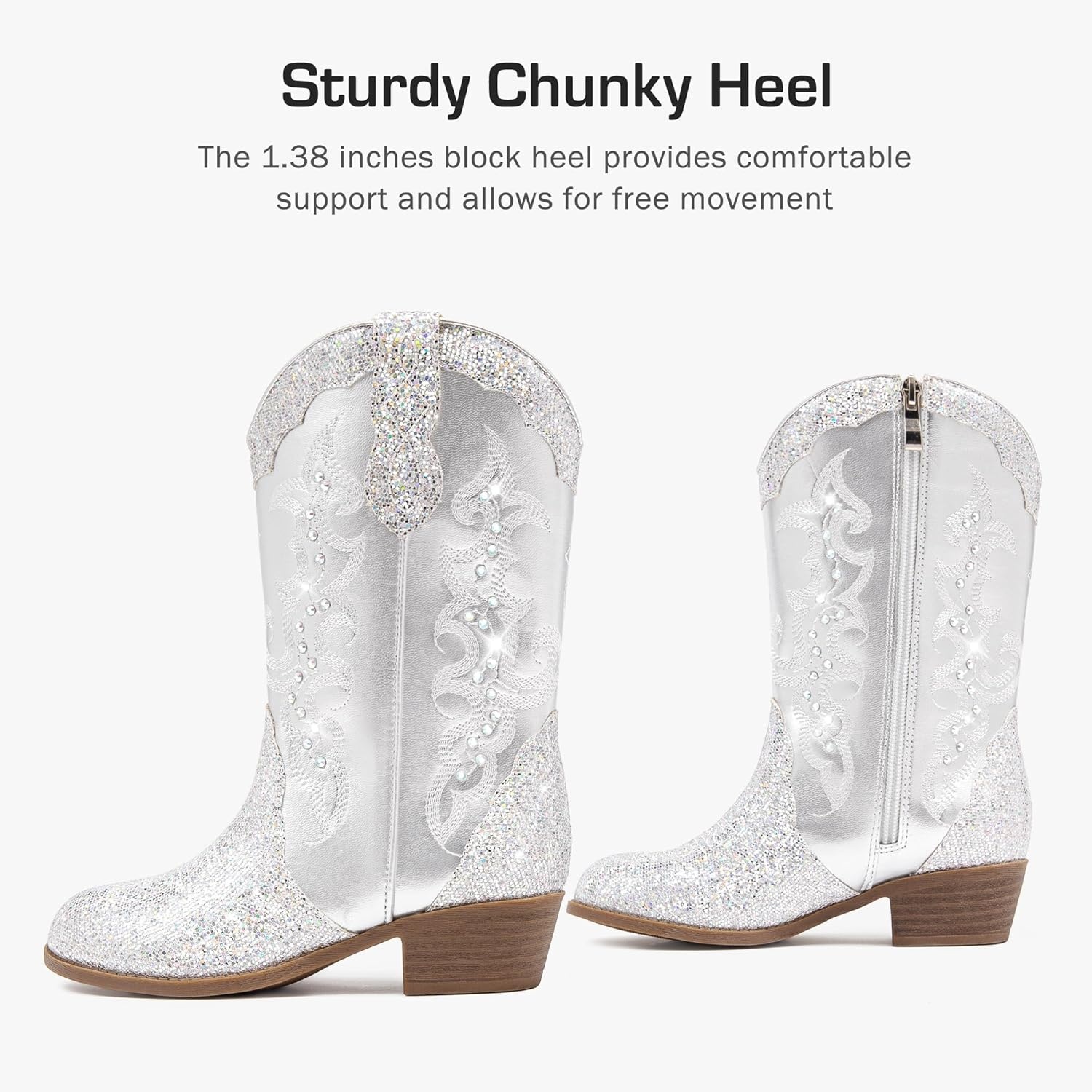 image:imageLAURMOSA Girls Cowboy Boots Cowgirl Western Boot for Kids Rhinestone Sparkly Toddler Dress Boots Ponited Toe Mid Calf Birthday Party for Little Big KidSilver