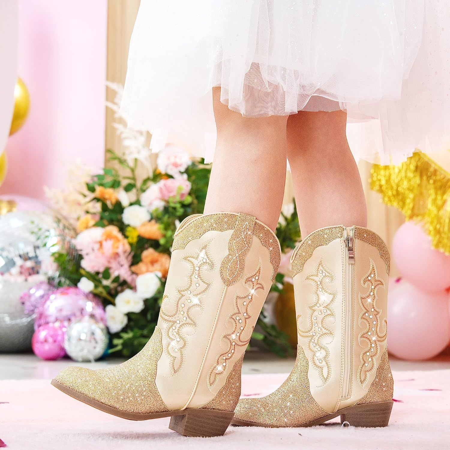 image:imageLAURMOSA Girls Cowboy Boots Cowgirl Western Boot for Kids Rhinestone Sparkly Toddler Dress Boots Ponited Toe Mid Calf Birthday Party for Little Big KidGold