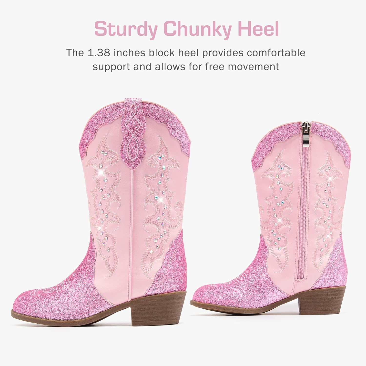 image:imageLAURMOSA Girls Cowboy Boots Cowgirl Western Boot for Kids Rhinestone Sparkly Toddler Dress Boots Ponited Toe Mid Calf Birthday Party for Little Big KidPink