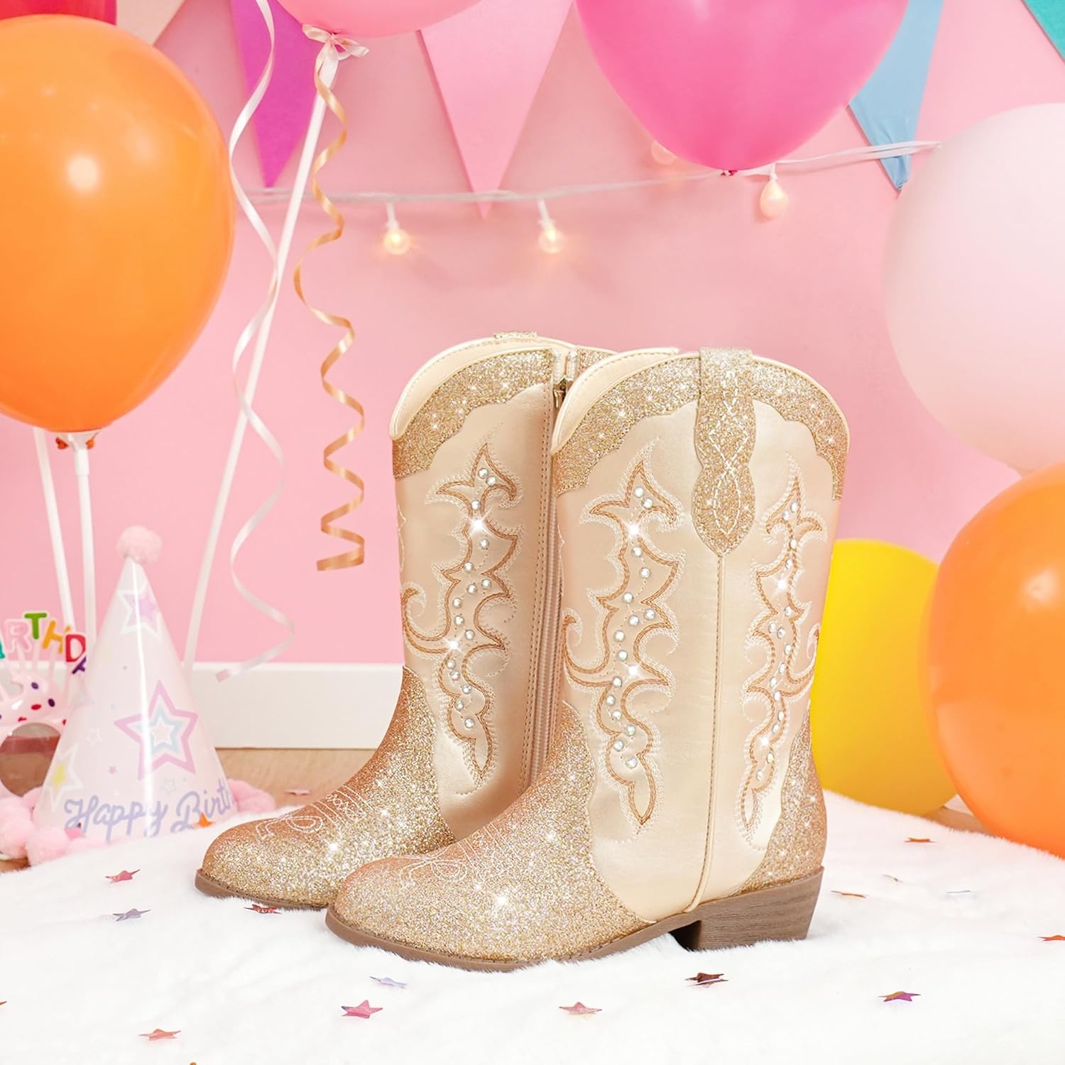 image:imageLAURMOSA Girls Cowboy Boots Cowgirl Western Boot for Kids Rhinestone Sparkly Toddler Dress Boots Ponited Toe Mid Calf Birthday Party for Little Big KidGold