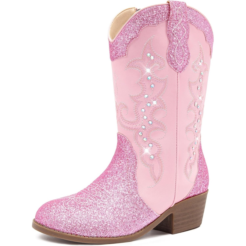 image:imageLAURMOSA Girls Cowboy Boots Cowgirl Western Boot for Kids Rhinestone Sparkly Toddler Dress Boots Ponited Toe Mid Calf Birthday Party for Little Big KidPink